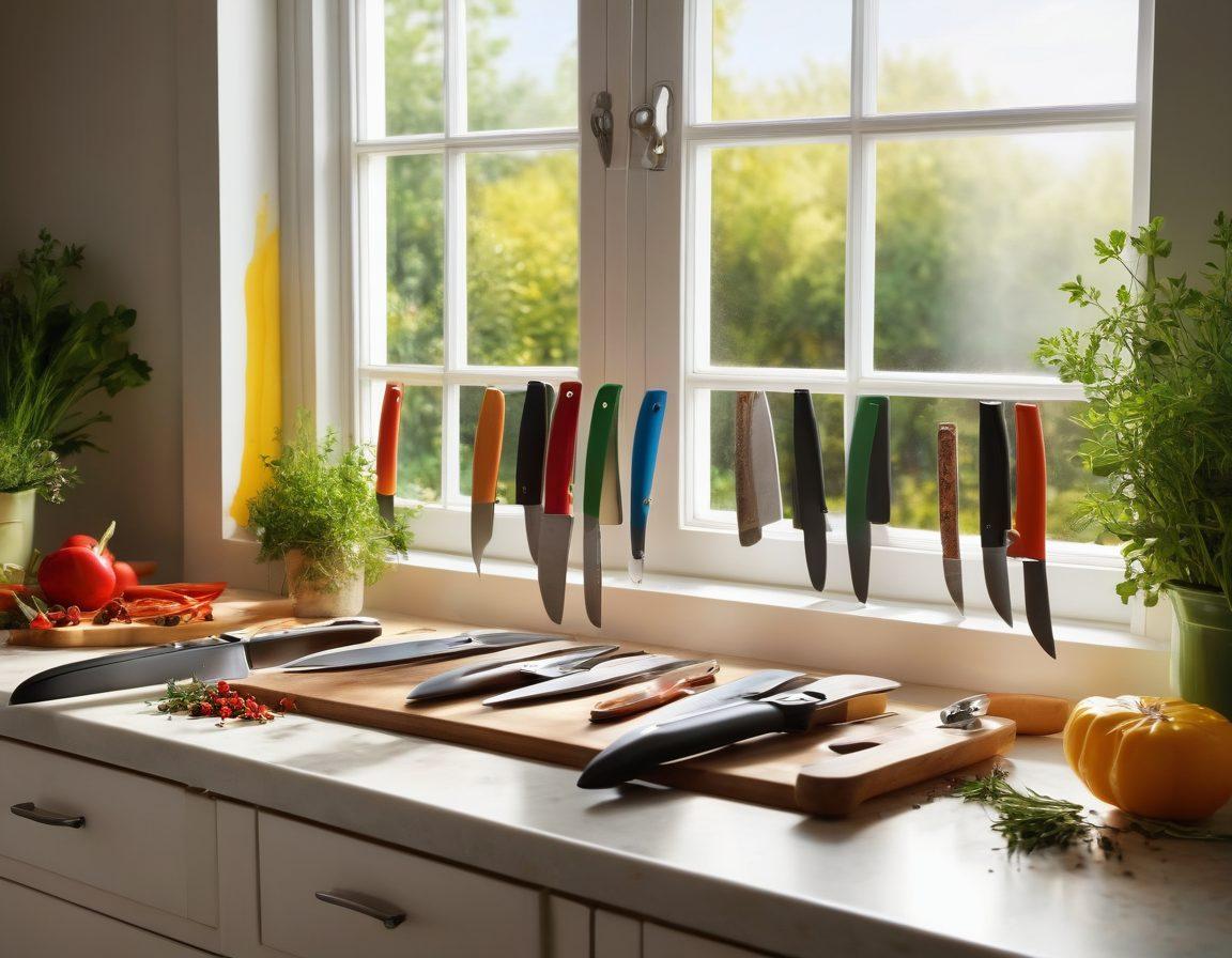 A colorful kitchen scene featuring an array of chef's knives artfully displayed alongside innovative portable cooking tools, such as compact gadgets and utensils. The background includes vibrant herbs and spices, with a sunny window view illuminating the joyful cooking atmosphere. Capture a sense of excitement and creativity in cooking. super-realistic. vibrant colors.