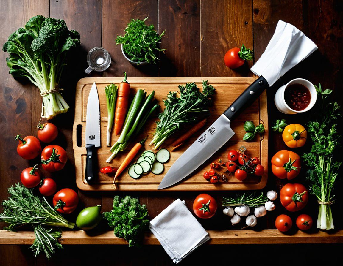 A beautifully arranged kitchen scene showcasing various Victorinox knives gleaming on a wooden cutting board, surrounded by fresh vegetables and herbs. The background features a warm, inviting atmosphere with soft lighting and hanging pots, creating a sense of culinary adventure. Include a chef’s hat and an open cook book with vibrant recipes, suggesting happiness and creativity in cooking. super-realistic. warm colors. inviting atmosphere.