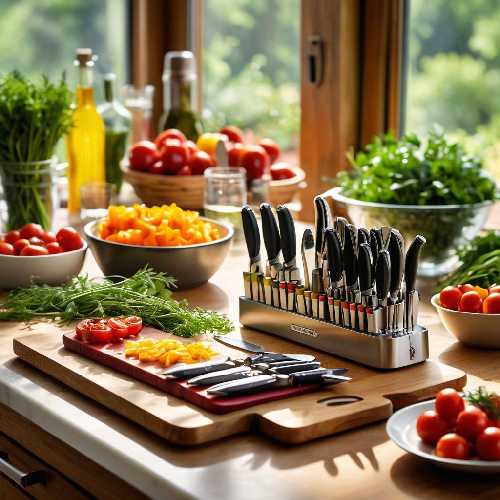 A beautifully arranged kitchen countertop filled with an array of sparkling Victorinox cutlery, glistening in the sunlight. Surrounding the knife set are fresh vegetables and herbs, showcasing vibrant colors, reflecting a joyful cooking atmosphere. Include smiling hands preparing a meal, with a hint of a colorful recipe book in the background. The overall mood should be warm and inviting, emphasizing creativity and happiness in cooking. super-realistic. vibrant colors. natural light.